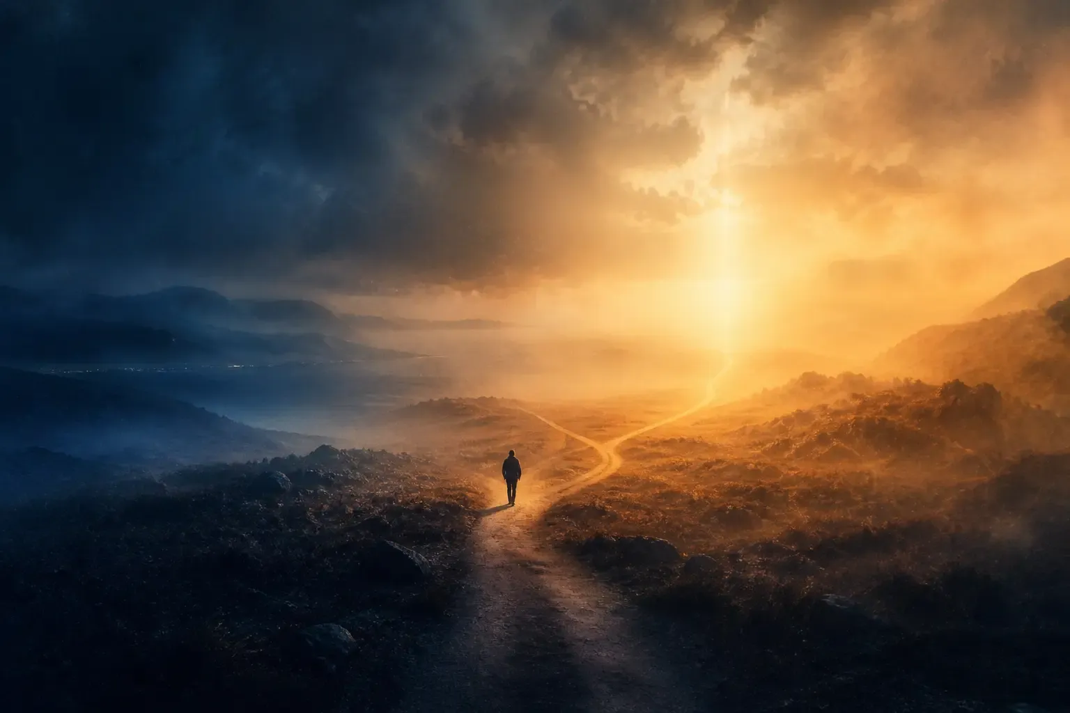A small silhouetted figure walks through a misty, cinematic landscape along a winding path from deep blue darkness toward warm golden light in the distance.
